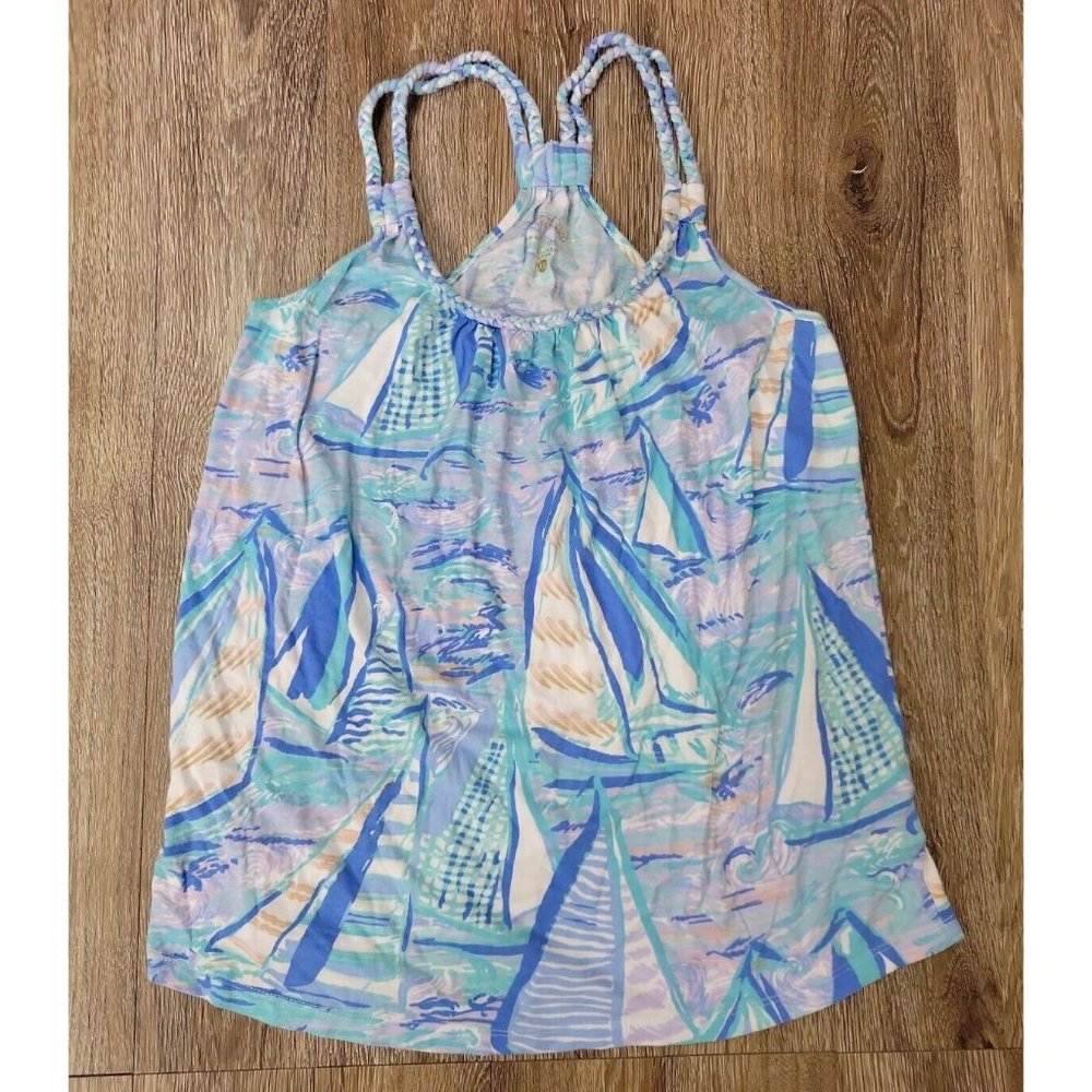 Lilly Pulitzer Aleida Tank Top "Aboat Time" Cotton Modal XS Blue Boat Print